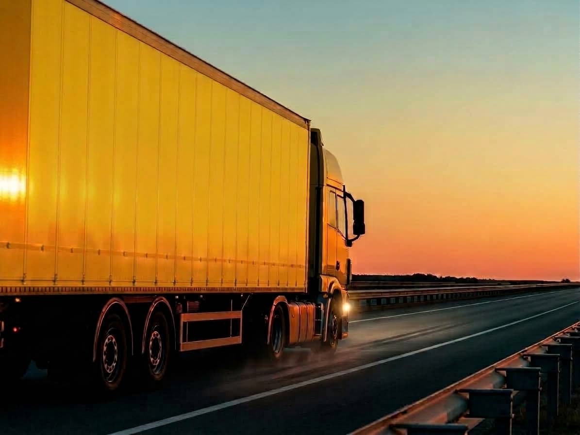Cargo truck travelling on a highway at sunset
